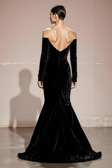 Black Mermaid Off the Shoulder Velvet Long Evening Dress